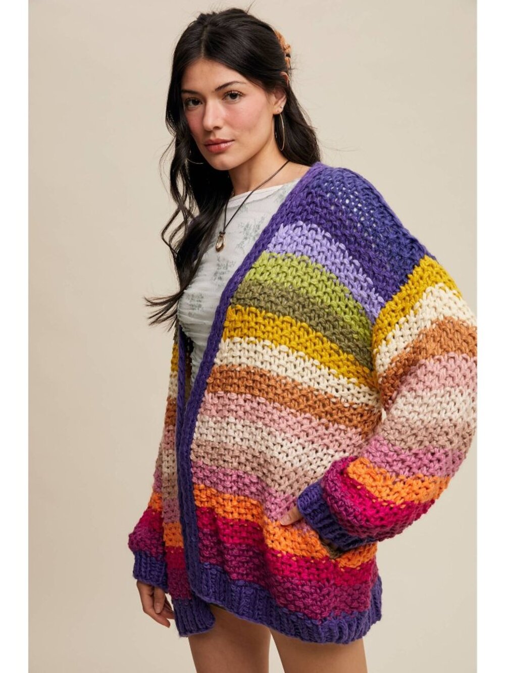 Listicle Crochet Cardigan Sweater Small Rainbow Striped Chunky Knit Oversized Po - Picture 3 of 8